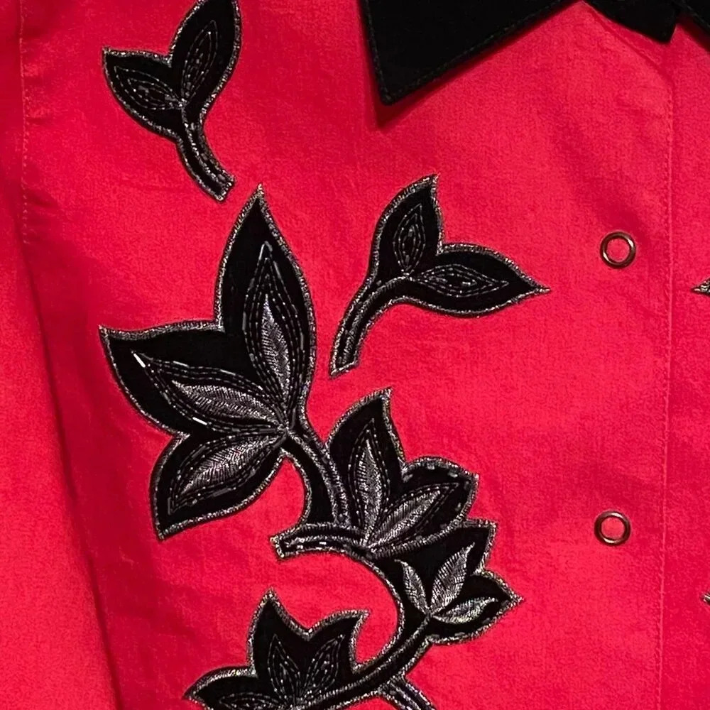 Victor Costa Top Women L Red Snap Front Black Velvet Trim Beaded Western Floral - Picture 3 of 8
